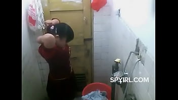 collage girl removing dress in bathroom